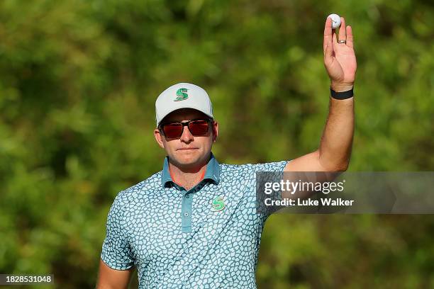 Dean Burmester of South Africa celebrates winning on the 18th green during day four of the Investec South African Open Championship at Blair Atholl...