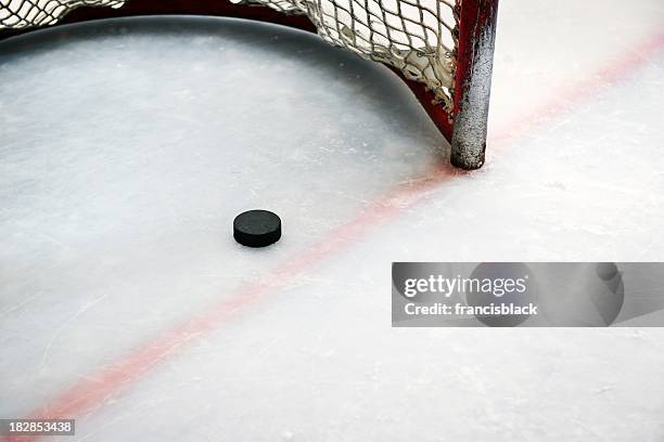 hockey puck in goal and red line - hockey goal stockfoto's en -beelden