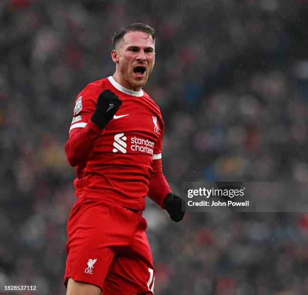 Alexis Mac Allister of Liverpool celebrates after scoring the second goal for Liverpool during the Premier League match between Liverpool FC and...