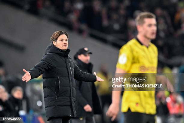 Dortmund's German head coach Edin Terzic reacts during the German Cup round of 16 football match between VfB Stuttgart and Borussia Dortmund in...