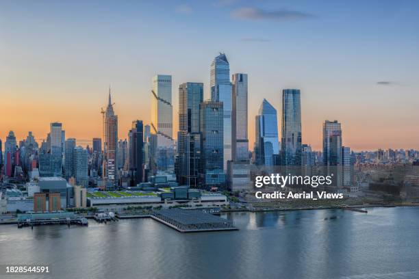 iconic view of hudson yards at magic hour - equirectangular panorama stock pictures, royalty-free photos & images