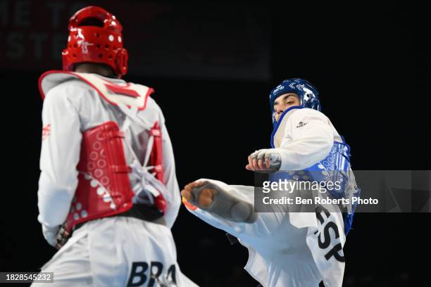 Ivan Garcia Martinez of Spain competes in the Semi final against Maicon Siqueira of Brazil in the Male -80kg category at Manchester Regional Arena on...