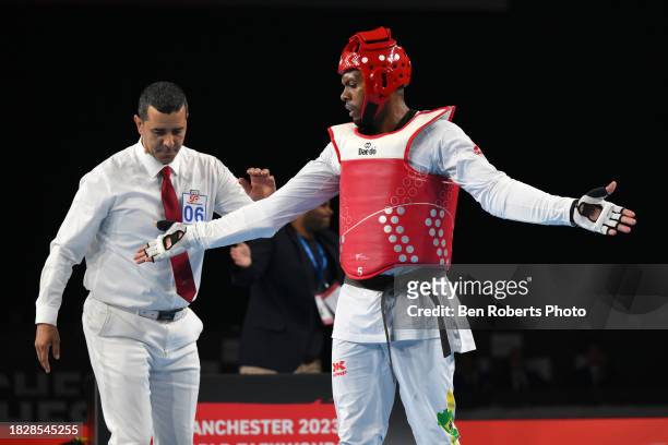 Ivan Garcia Martinez of Spain celebartes his win in the Semi final against Maicon Siqueira of Brazil in the Male -80kg category at Manchester...