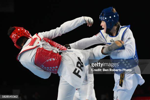 Rebecca Mcgowan of Great Britain competes in the Semi final against Solene Avoulette of France in the Female +67kg category at Manchester Regional...