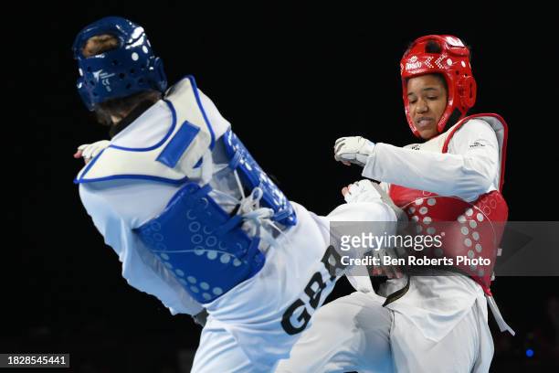 Rebecca Mcgowan of Great Britain competes in the Semi final against Solene Avoulette of France in the Female +67kg category at Manchester Regional...