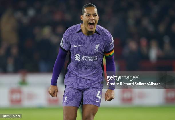 Virgil van Dijk of Liverpool celebrates the first goal during the Premier League match between Sheffield United and Liverpool at Bramhall Lane on...