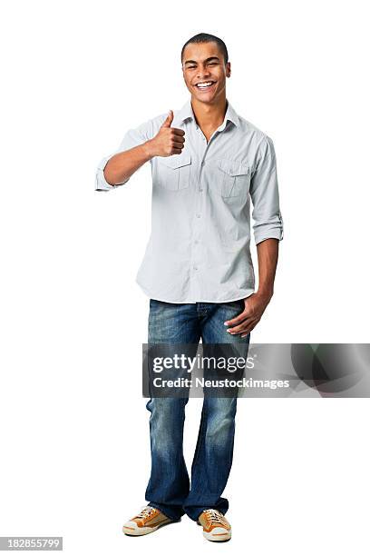 young man giving thumbs up gesture - isolated - rolled up sleeves stock pictures, royalty-free photos & images