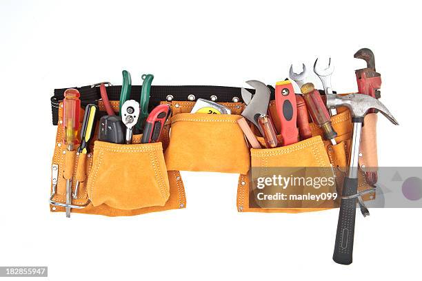 isolated carpenter work belt with tools - tool belt stock pictures, royalty-free photos & images