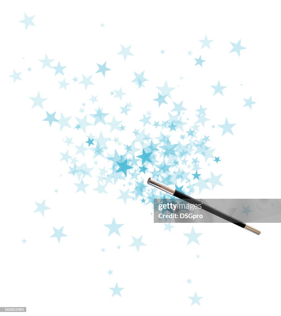Magician's wand over a background of blue stars