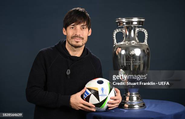 Guest David Silva of Spain poses for a picture ahead of the UEFA EURO 2024 Final Tournament Draw at the Atlantic hotel on December 01, 2023 in...