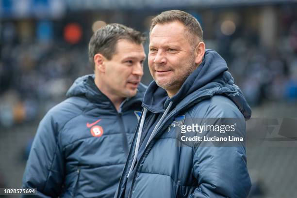 Sport Director Benjamin Weber and Coach Pal Dardai of Hertha BSC looks on prior the Second Bundesliga match between Hertha BSC and SV Elversberg at...