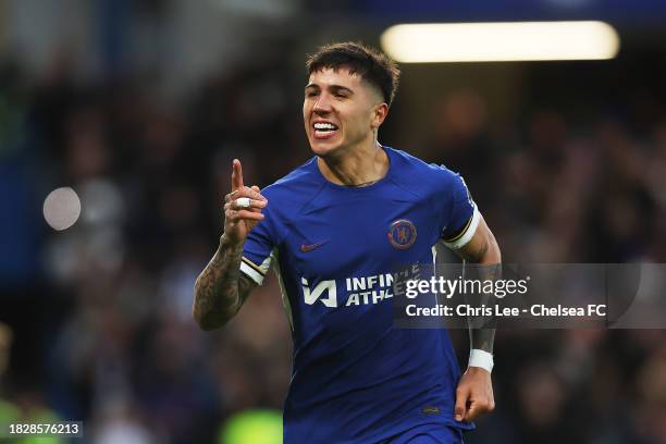 Enzo Fernandez of Chelsea celebrates after scoring the team's third goal during the Premier League match between Chelsea FC and Brighton & Hove...