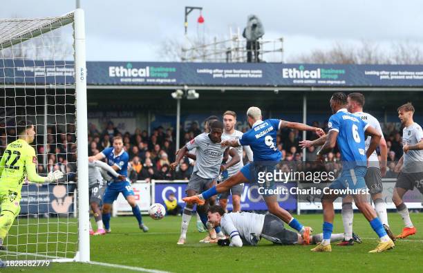 Paul McCallum of Eastleigh scores the team's second goal during the Emirates FA Cup Second Round match between Eastleigh and Reading at Silverlake...