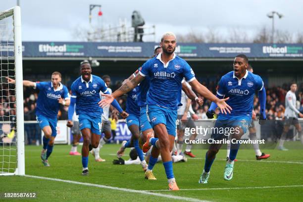 Paul McCallum of Eastleigh celebrates after scores the team's second goal during the Emirates FA Cup Second Round match between Eastleigh and Reading...