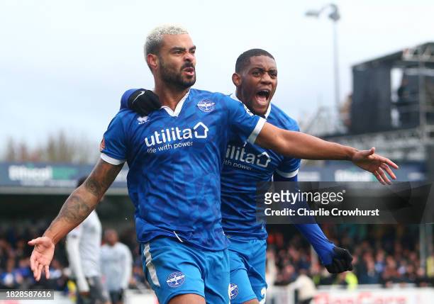 Paul McCallum of Eastleigh celebrates with teammate Jayden Harris after scoring the team's second goal l during the Emirates FA Cup Second Round...
