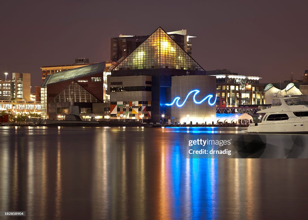 Baltimore's Inner Harbor and National Aquarium Lit at Night