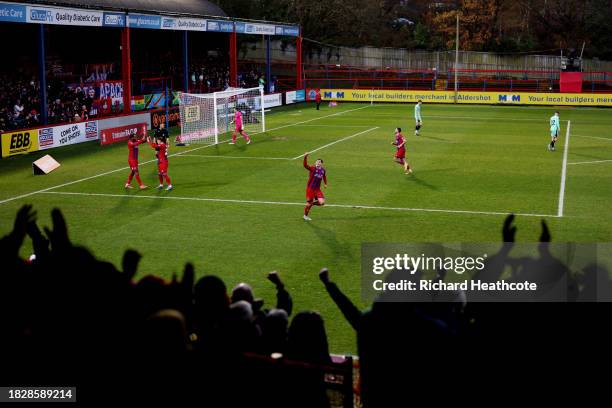 Josh Stokes of Aldershot Town scores the team's second goal during the Emirates FA Cup Second Round match between Aldershot Town and Stockport County...