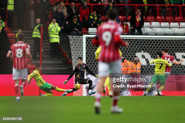 Adam Idah of Norwich City scores the team's second goal during the Sky Bet Championship match between Bristol City and Norwich City at Ashton Gate on...