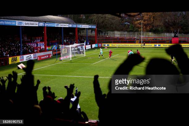 Josh Stokes of Aldershot Town scores the team's second goal during the Emirates FA Cup Second Round match between Aldershot Town and Stockport County...