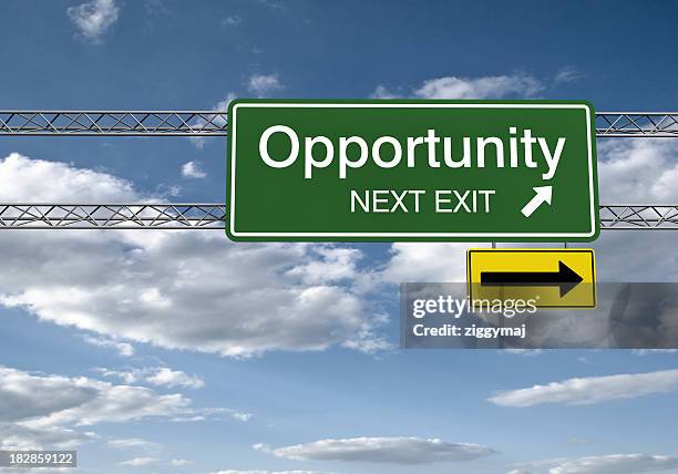 road sign - opportunity with clipping path - highway exit sign stock pictures, royalty-free photos & images