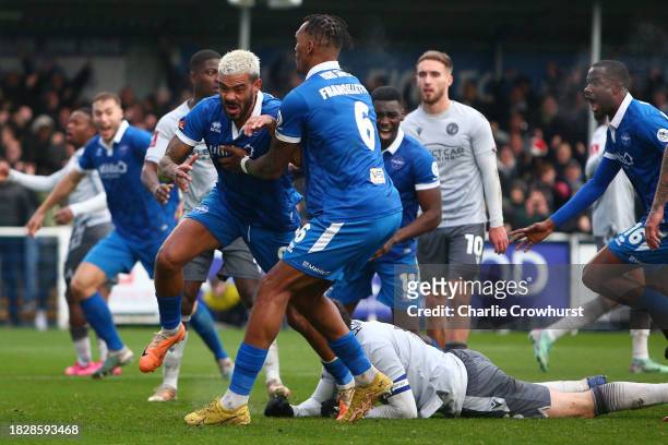 Paul McCallum of Eastleigh celebrates scoring the team's second goal during the Emirates FA Cup Second Round match between Eastleigh and Reading at...