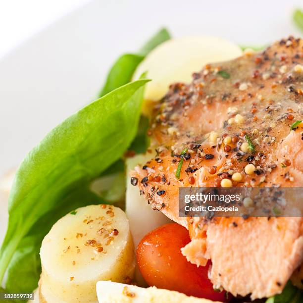 roasted salmon salad - gekookte aardappel stockfoto's en -beelden