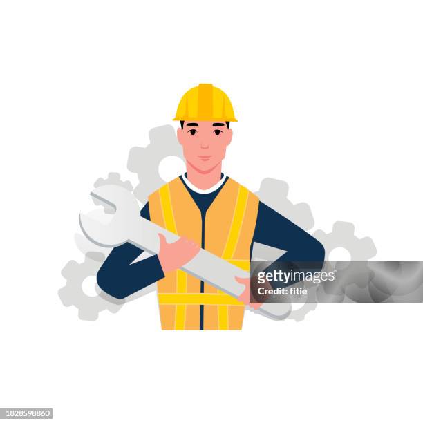 labor employee,construction worker – no activity, just waist-up portrait in worker uniform, holding helmet or tools - osha placard stock illustrations