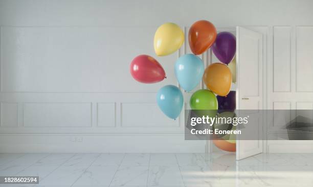 celebration concept in the room with balloons - congrat stock pictures, royalty-free photos & images