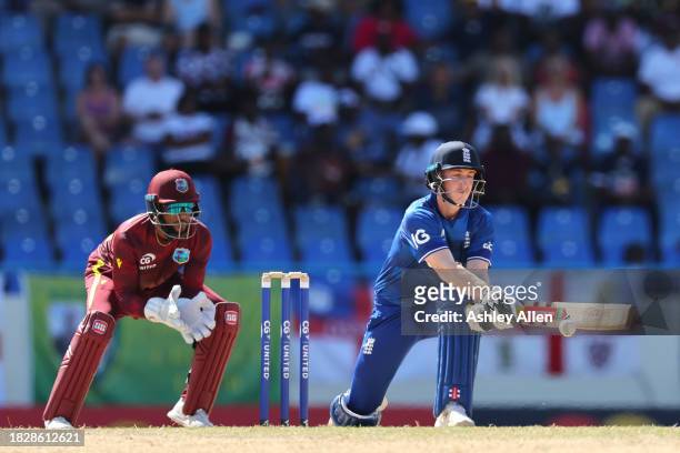 Harry Brook of England batting during the 1st CG United One Day International match between West Indies and England at Sir Vivian Richards Stadium on...