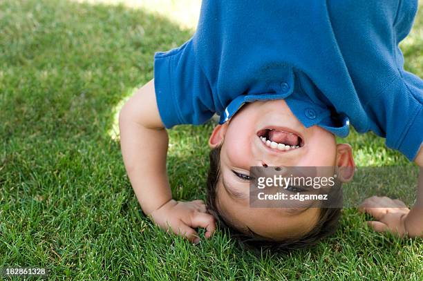 small boy happily doing a handstand  - toddler laughing stock pictures, royalty-free photos & images