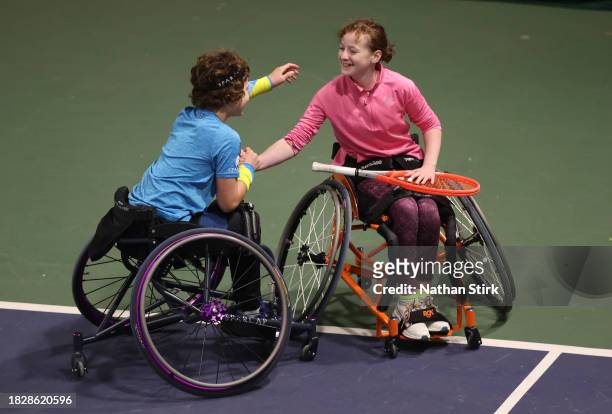 Matthew Knoesen and Lucy Foyster-Edwards celebrate during the Wheelchair Tennis National Finals 2023 at The Shrewsbury Club on December 03, 2023 in...