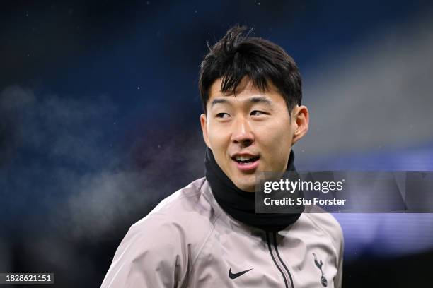 Son Heung-Min of Tottenham Hotspur looks on prior to the Premier League match between Manchester City and Tottenham Hotspur at Etihad Stadium on...