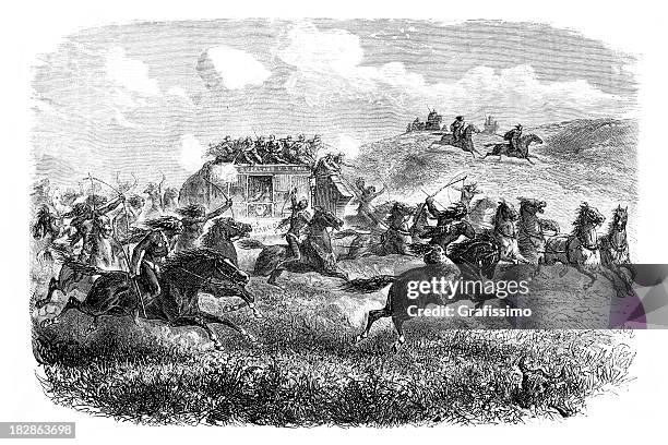 engraving of native americans attacking stagecoach 1868 - ute stock illustrations