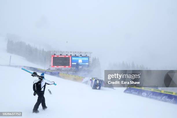 Skier leaves the course after the Audi FIS Alpine Ski World Cup Men's Super G race at Beaver Creek Resort was canceled due to high winds and snow on...