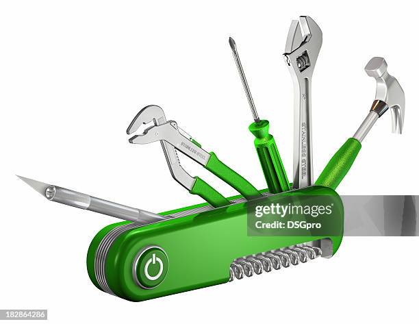 a green multi tools knife displaying it's 6 functions - swiss knife stock pictures, royalty-free photos & images