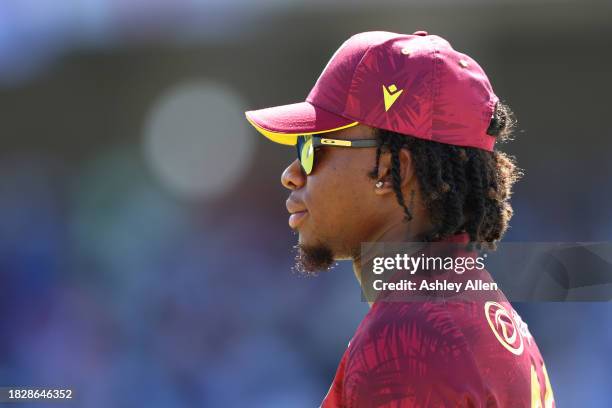 Keacy Carty of West Indies looks on during the 1st CG United One Day International match between West Indies and England at Sir Vivian Richards...