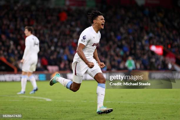 Ollie Watkins of Aston Villa celebrates after scoring the team's second goal during the Premier League match between AFC Bournemouth and Aston Villa...