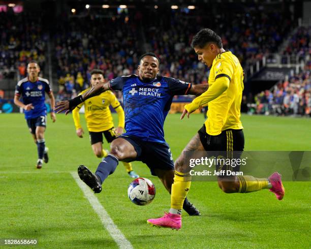 Cucho Hernández of Columbus Crew controls the ball against Alvas Powell of FC Cincinnati during the 2023 MLS Cup Playoffs Eastern Conference Final...