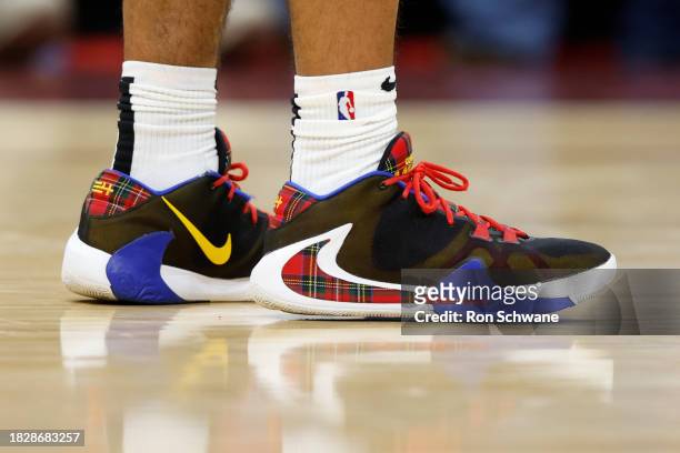 The shoes of Malcolm Brogdon of the Portland Trail Blazers during the second half against the Cleveland Cavaliers at Rocket Mortgage Fieldhouse on...