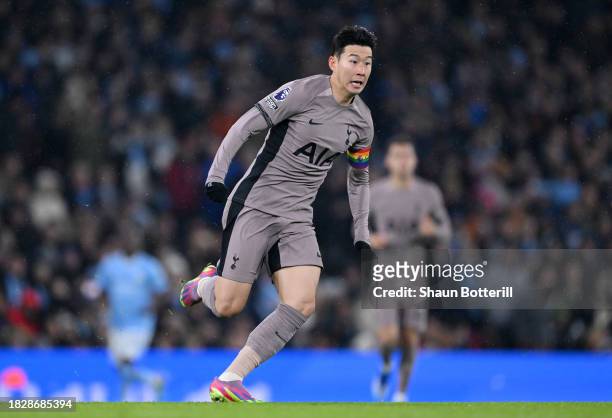 Son Heung-Min of Tottenham Hotspur looks for the ball during the Premier League match between Manchester City and Tottenham Hotspur at Etihad Stadium...