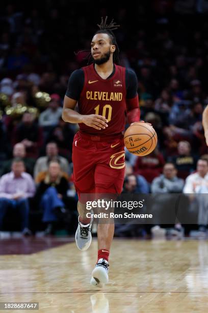 Darius Garland of the Cleveland Cavaliers plays against the Portland Trail Blazers during the second half at Rocket Mortgage Fieldhouse on November...