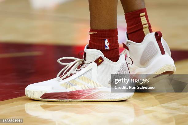 The shoes of Evan Mobley of the Cleveland Cavaliers during the second half against the Portland Trail Blazers at Rocket Mortgage Fieldhouse on...