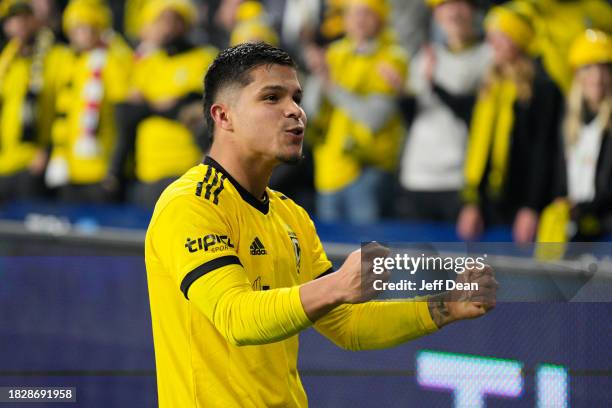 Cucho Hernández of Columbus Crew celebrates with teammates following the 2023 MLS Cup Playoffs Eastern Conference Final match against FC Cincinnati...