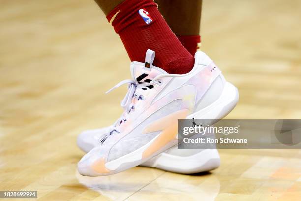 The shoes of Caris LeVert of the Cleveland Cavaliers during the second half against the Portland Trail Blazers at Rocket Mortgage Fieldhouse on...