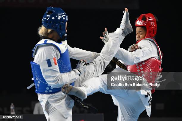 Althea Laurin of France competes in the final against Solene Avoulette of France in the Female +67kg category at Manchester Regional Arena on...