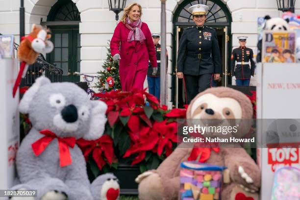 First Lady Jill Biden and Brigadier General Valerie Jackson arrive ahead of the annual U.S. Marine Corps Reserve Toys for Tots event on the South...