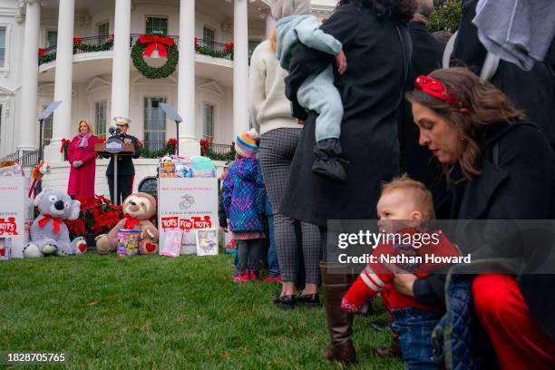 First Lady Jill Biden and Brigadier General Valerie speak during the annual U.S. Marine Corps Reserve Toys for Tots event on the South Lawn of the...