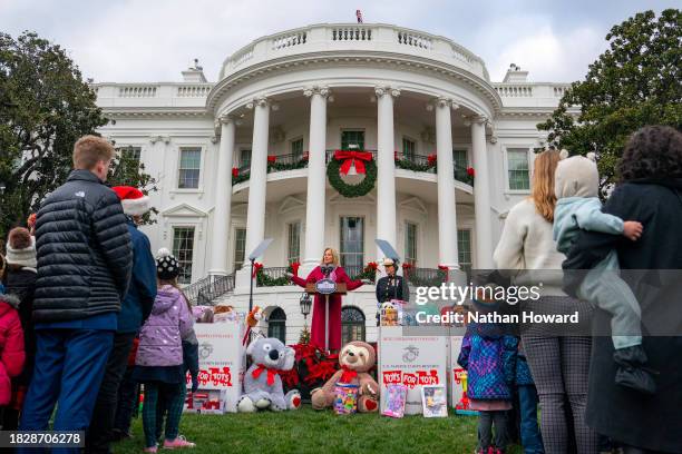 First Lady Jill Biden and Brigadier General Valerie speak during the annual U.S. Marine Corps Reserve Toys for Tots event on the South Lawn of the...