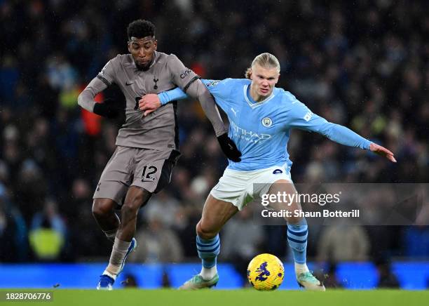 Emerson of Tottenham Hotspur battles for possession with Erling Haaland of Manchester City during the Premier League match between Manchester City...