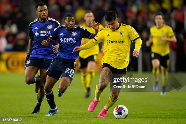 Cucho Hernández of Columbus Crew controls the ball against Ray Gaddis of FC Cincinnati during the 2023 MLS Cup Playoffs Eastern Conference Final...